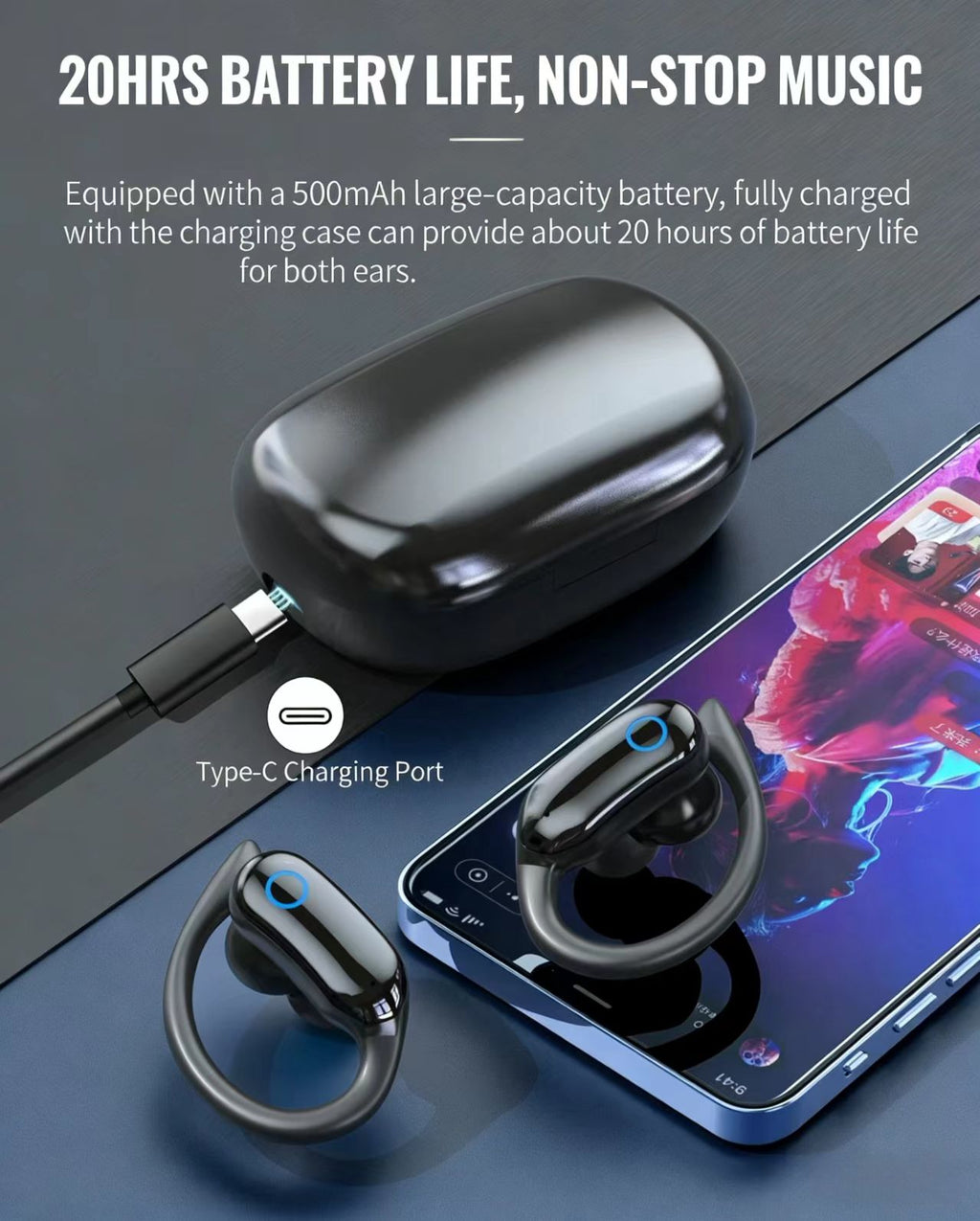 IPX7防水TWSスポーツBluetoothイヤホン、高音質ステレオ、イヤーフックデザイン