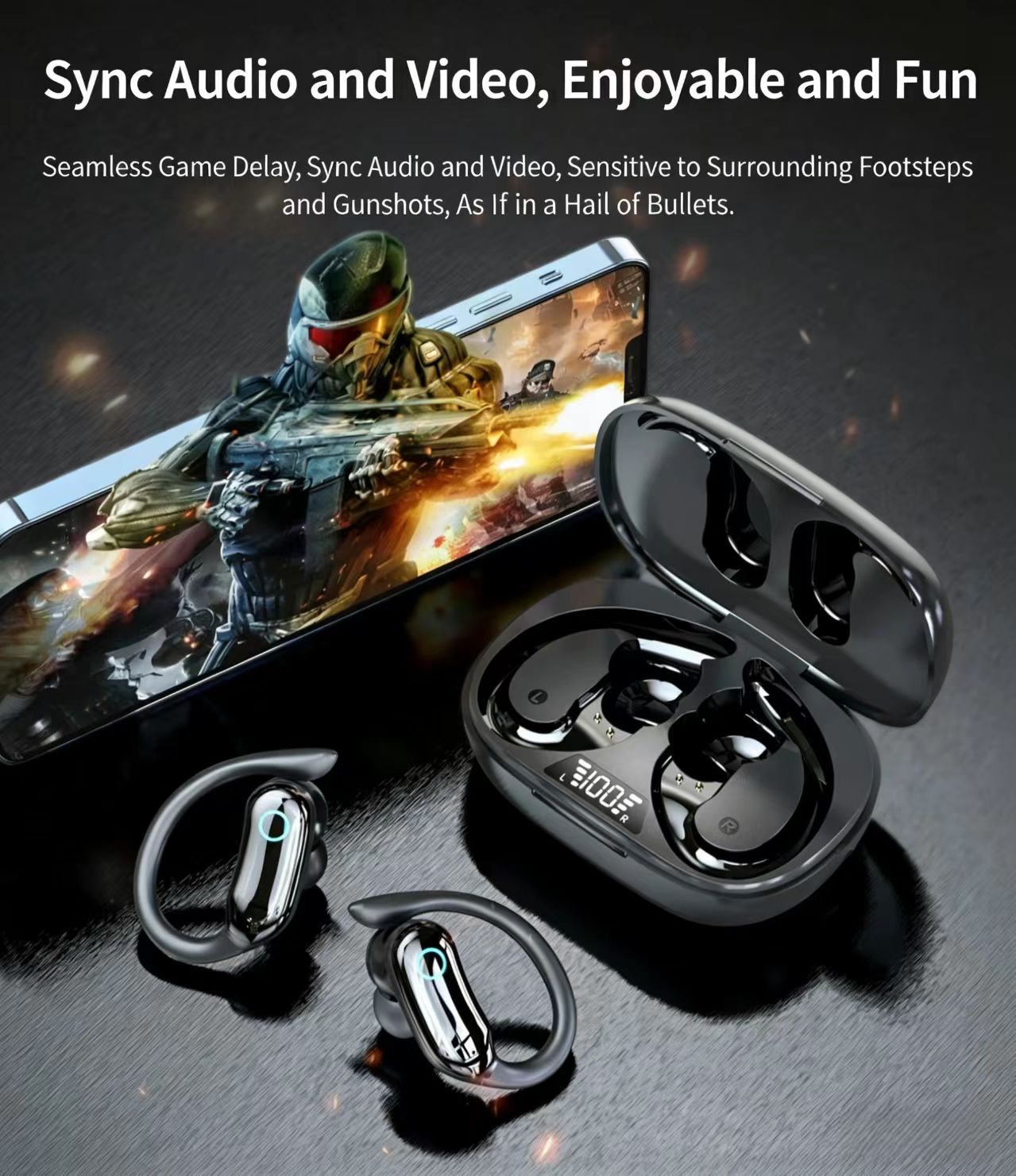 IPX7防水TWSスポーツBluetoothイヤホン、高音質ステレオ、イヤーフックデザイン