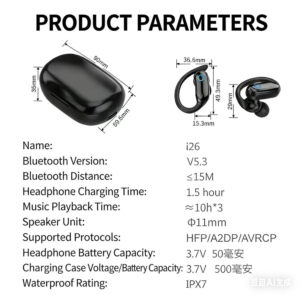 IPX7防水TWSスポーツBluetoothイヤホン、高音質ステレオ、イヤーフックデザイン