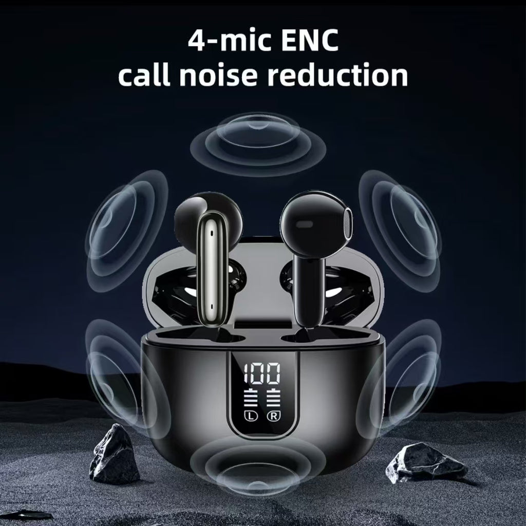 デジタルディスプレイ搭載のTWS Bluetoothイヤホン。デュアルマイクENC、低遅延、超長時間バッテリー駆動で音楽鑑賞に最適。