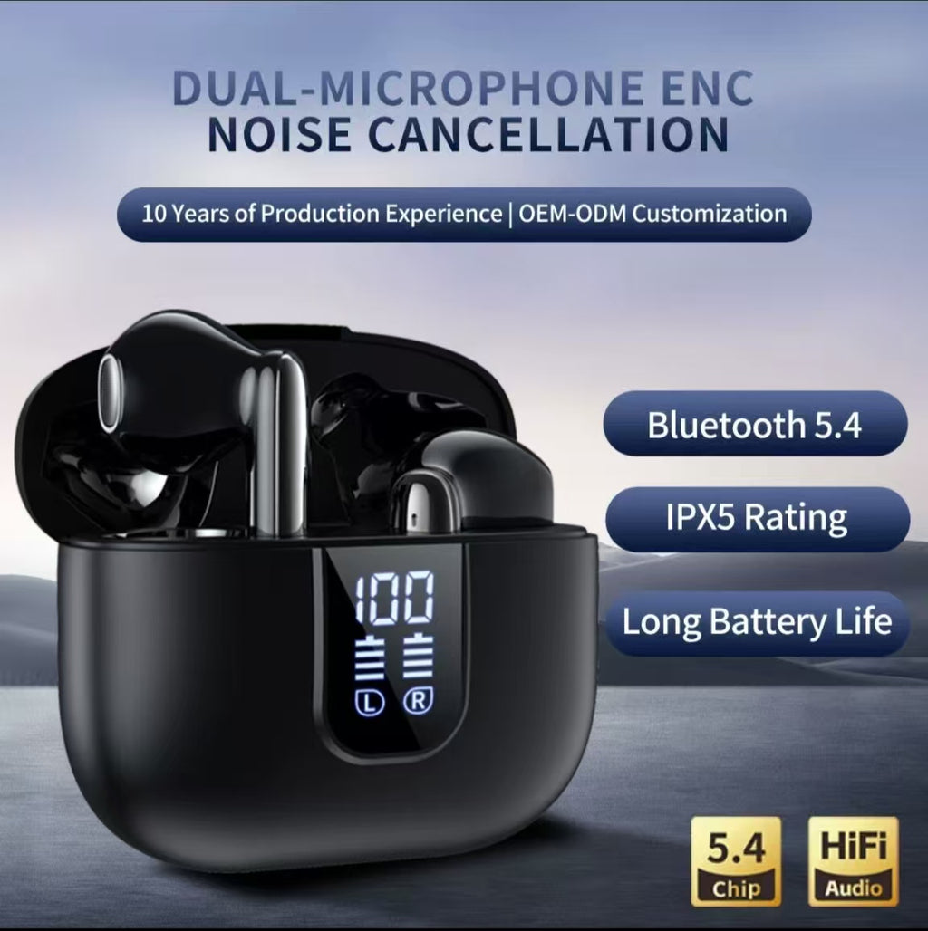 デジタルディスプレイ搭載のTWS Bluetoothイヤホン。デュアルマイクENC、低遅延、超長時間バッテリー駆動で音楽鑑賞に最適。