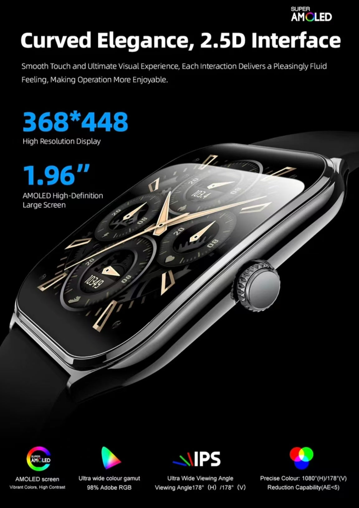 MT61スマートウォッチ：1.96インチAMOLED曲面スクリーン、Bluetooth通話機能、スポーツや健康状態のモニタリングに最適なスリムデザイン。