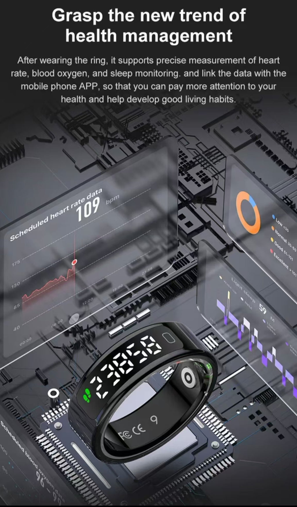 R11Cスマートリング：ディスプレイ画面、心拍数、血中酸素濃度、睡眠モニタリング、歩数とカロリー追跡、スポーツ用タッチコントロール機能を搭載。