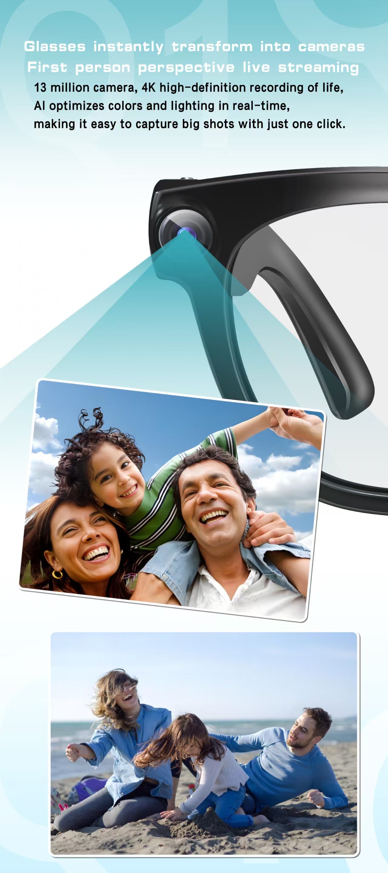 13MP調光レンズ搭載のAI翻訳スマートグラス。リアルタイム翻訳、写真/動画の手ぶれ補正、通話ノイズキャンセリング、AIアシスタント機能を搭載。