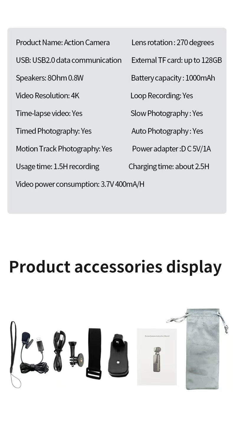 4K Ultra HD手ぶれ補正ポケットカメラ、屋外防水サイクリングDV、Vlogやアクション撮影用270°回転スクリーン搭載。