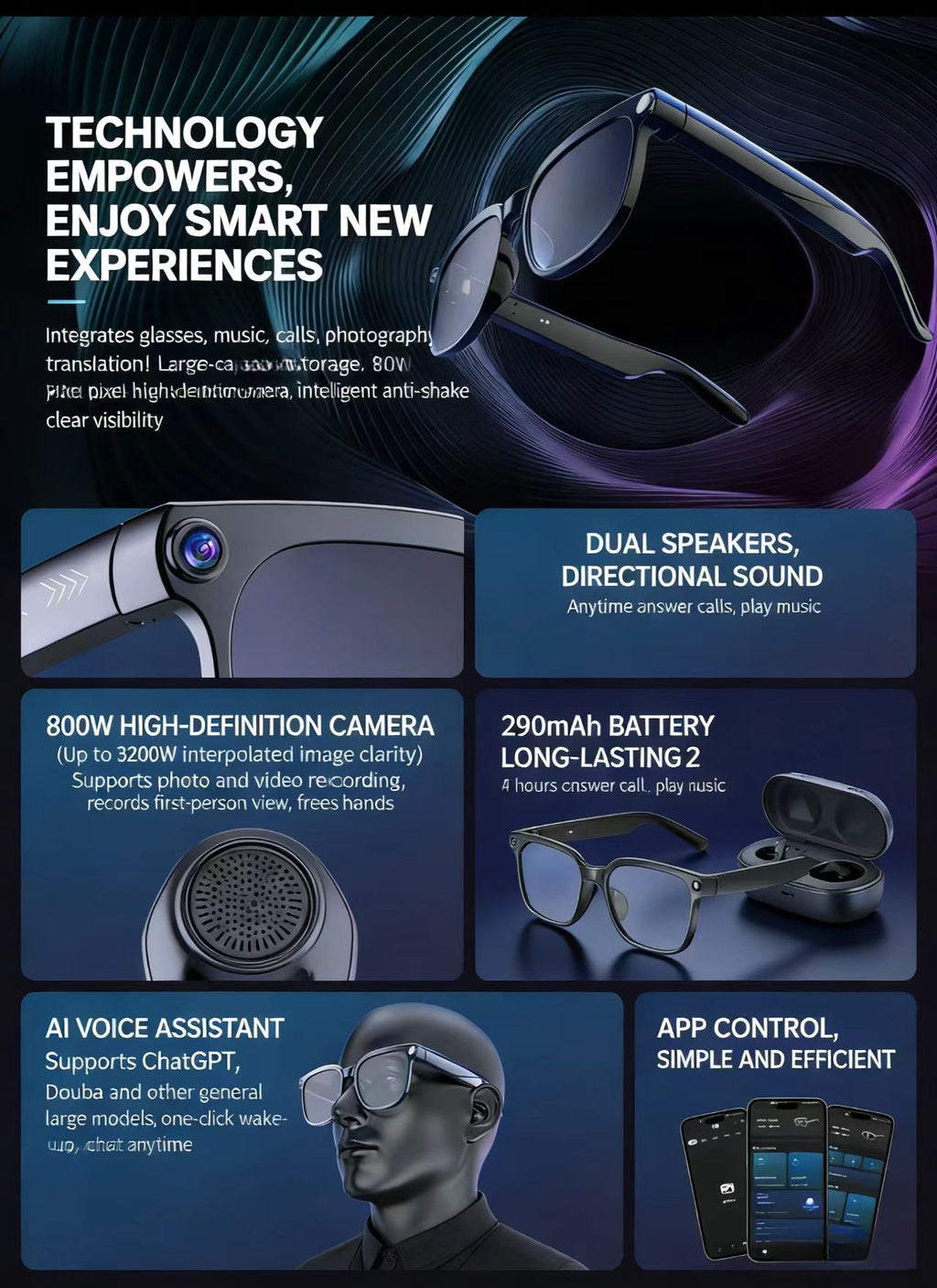 写真・動画撮影、物体認識、リアルタイム翻訳に対応した、8MP手ぶれ補正カメラ搭載のAIスマートグラス。