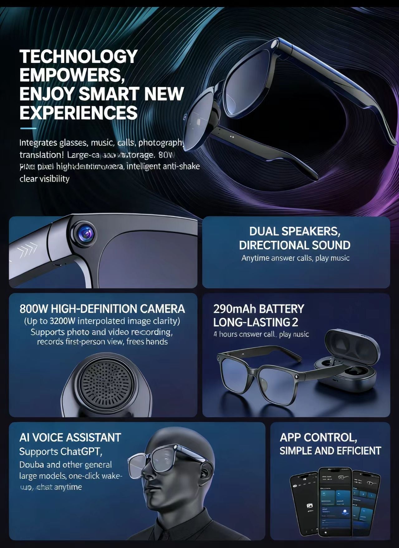 写真・動画撮影、物体認識、リアルタイム翻訳に対応した、8MP手ぶれ補正カメラ搭載のAIスマートグラス。