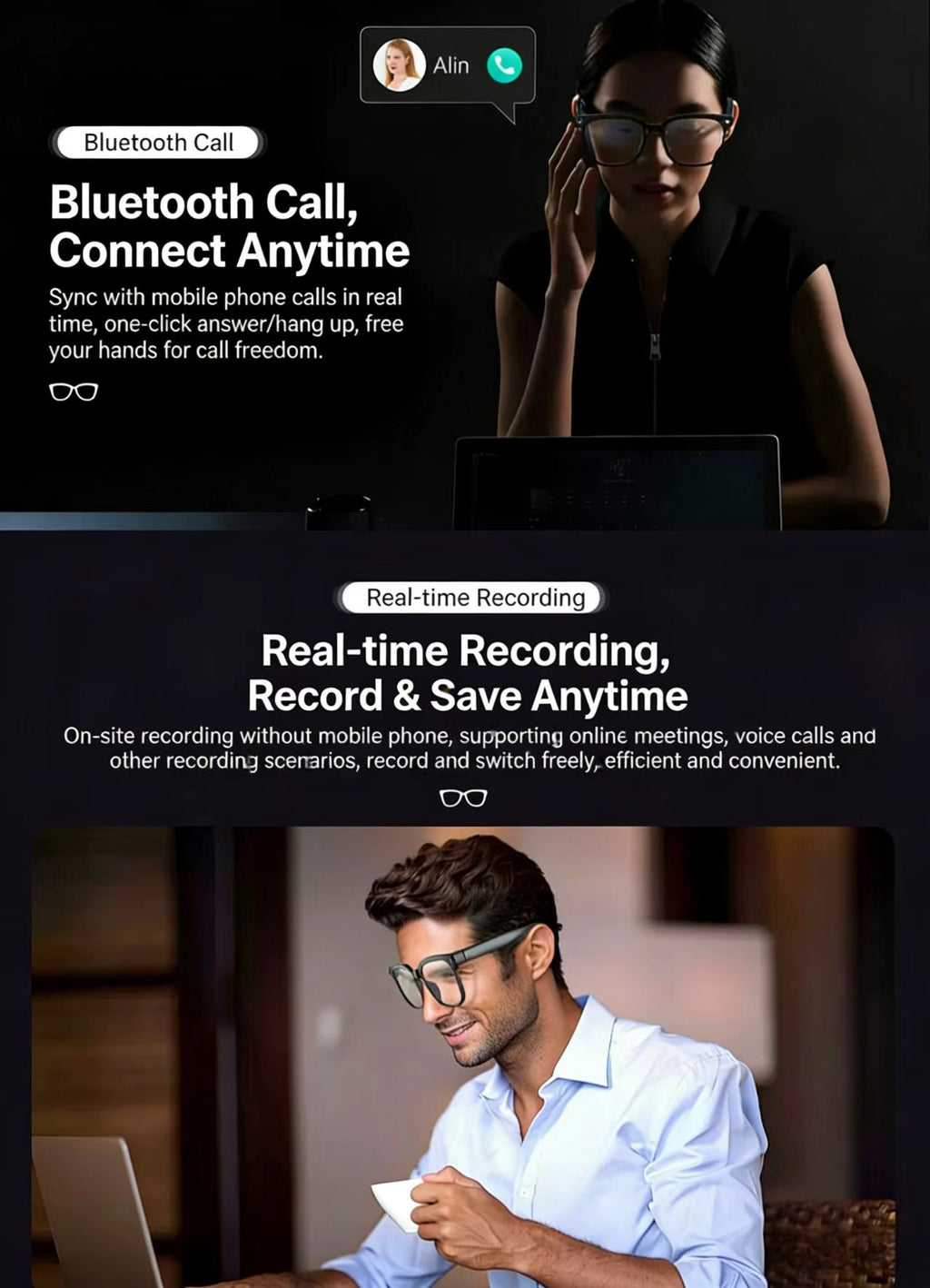 写真・動画撮影、物体認識、リアルタイム翻訳に対応した、8MP手ぶれ補正カメラ搭載のAIスマートグラス。