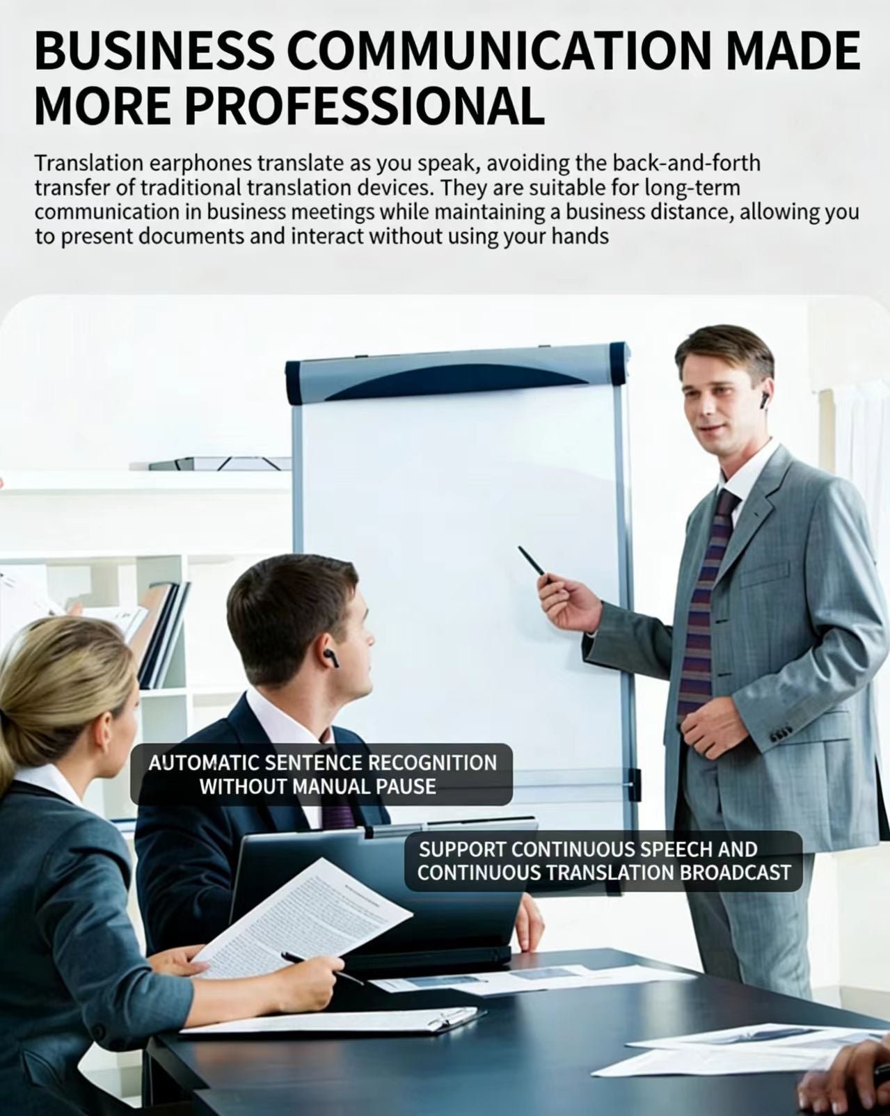 AIスマート翻訳Bluetoothイヤホン：アクティブノイズキャンセリング（ANC）、多言語リアルタイム通訳に対応。