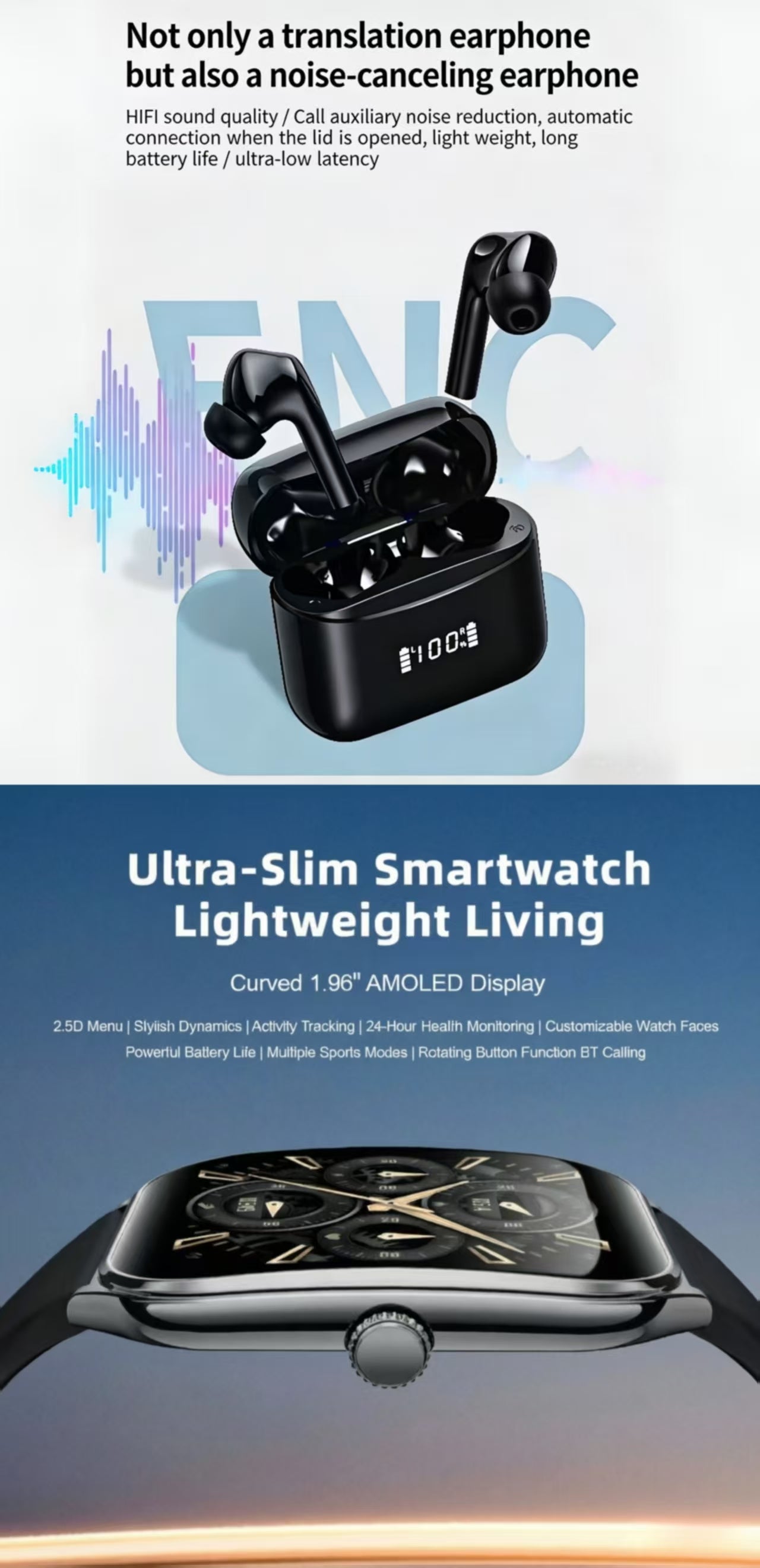AI Smart Translation Bluetooth Earbuds & MT61 Smart Watch
