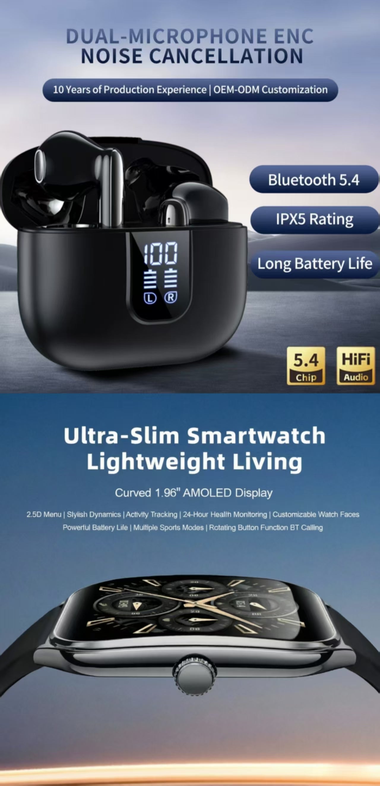 LED Digital Display Dual-Mic ENC TWS Bluetooth Earbuds & MT61 Smart Watch