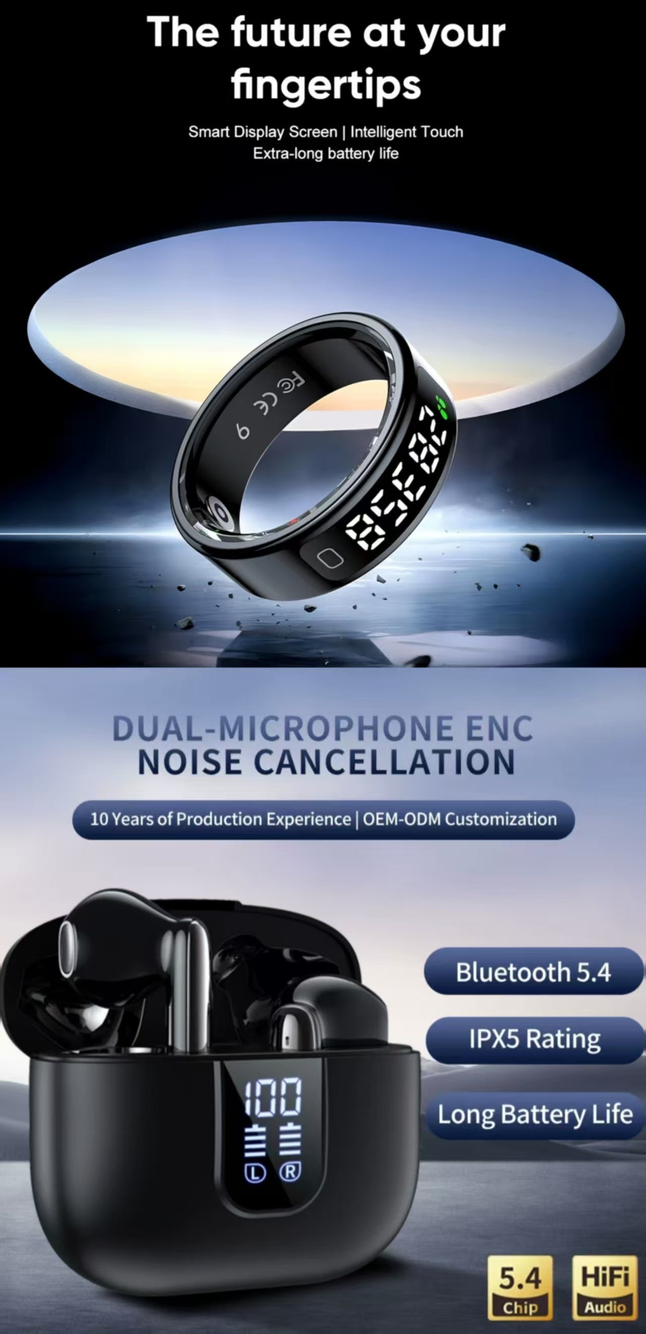LED Digital Display Dual-Mic ENC TWS Bluetooth Earbuds &R11 Sports Smart Ring
