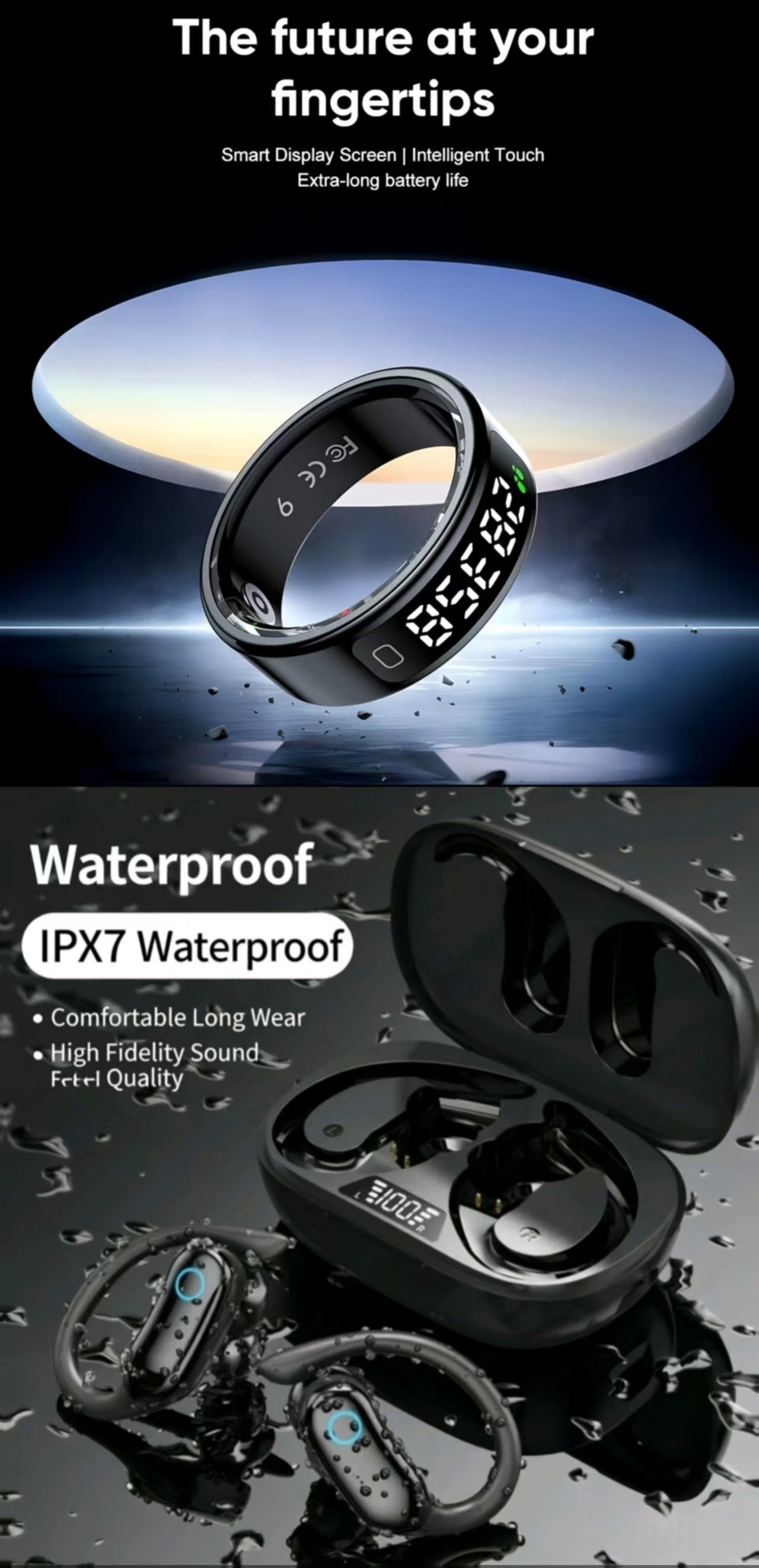 TWS Sports IPX7 Waterproof Bluetooth Earbuds & R11 Sports Smart Ring