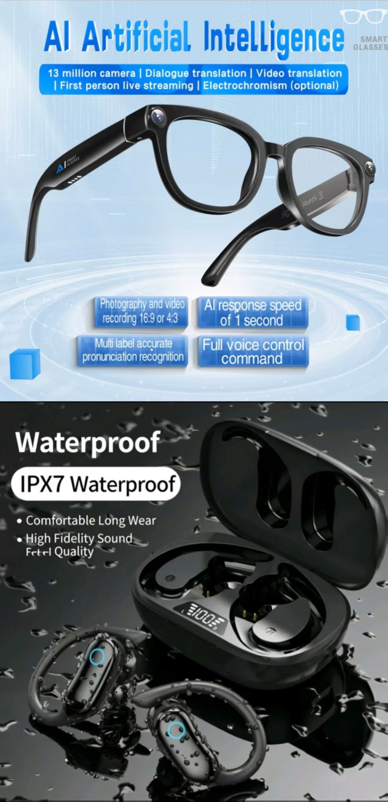TWS Sports IPX7 Waterproof Bluetooth Earbuds & AI Translation Smart Glasses with 13MP Photochromic