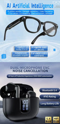LED Digital Display Dual-Mic ENC TWS Bluetooth Earbuds & AI Translation Smart Glasses with 13MP Photochromic