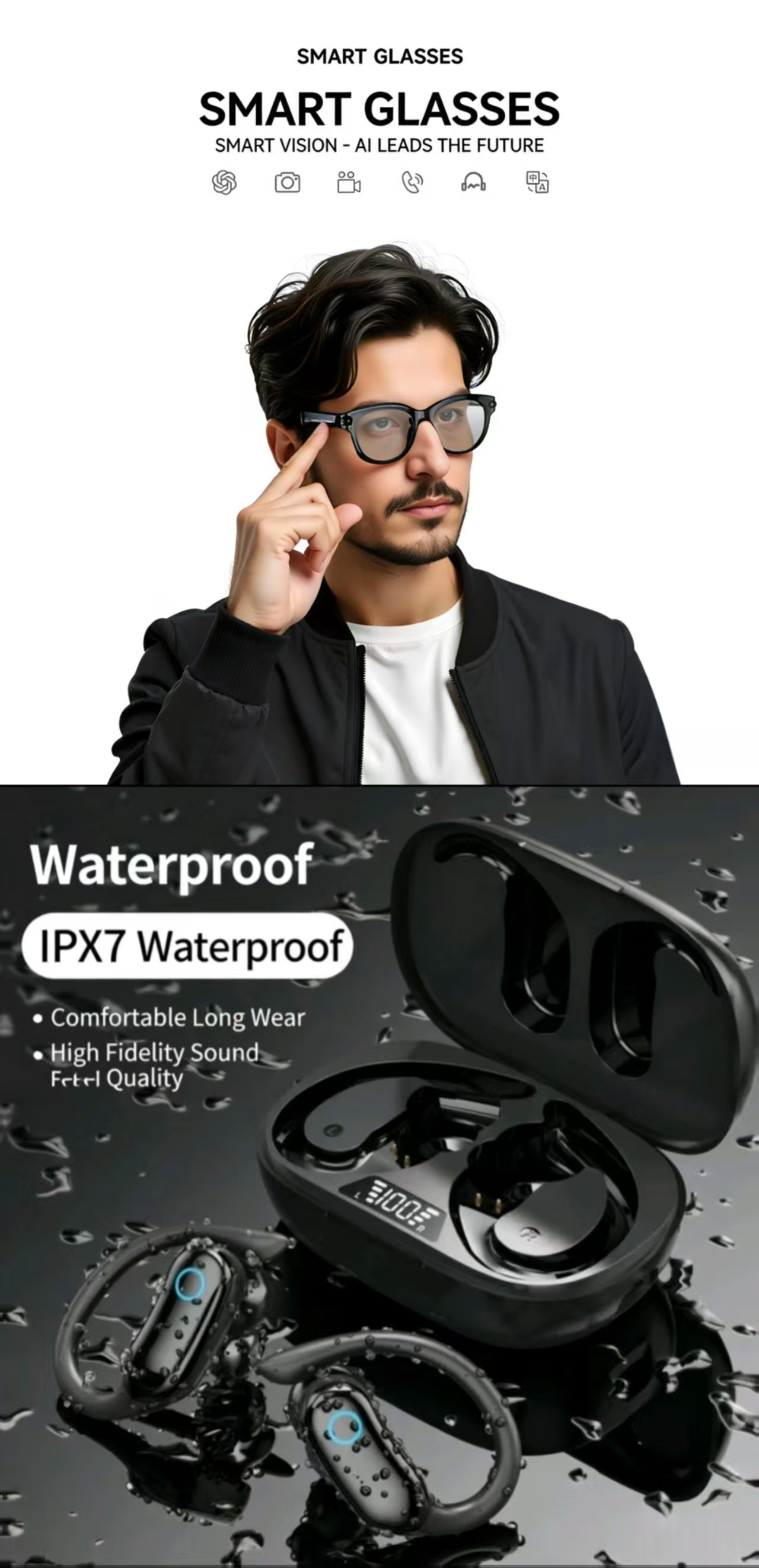 AI Smart Glasses 8MP&TWS Sports IPX7 Waterproof Bluetooth Earbuds