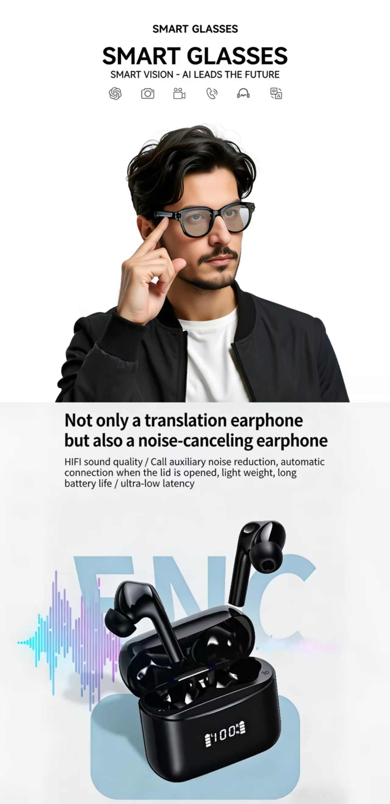 AI Smart Glasses 8MP&AI Smart Translation Bluetooth Earbuds