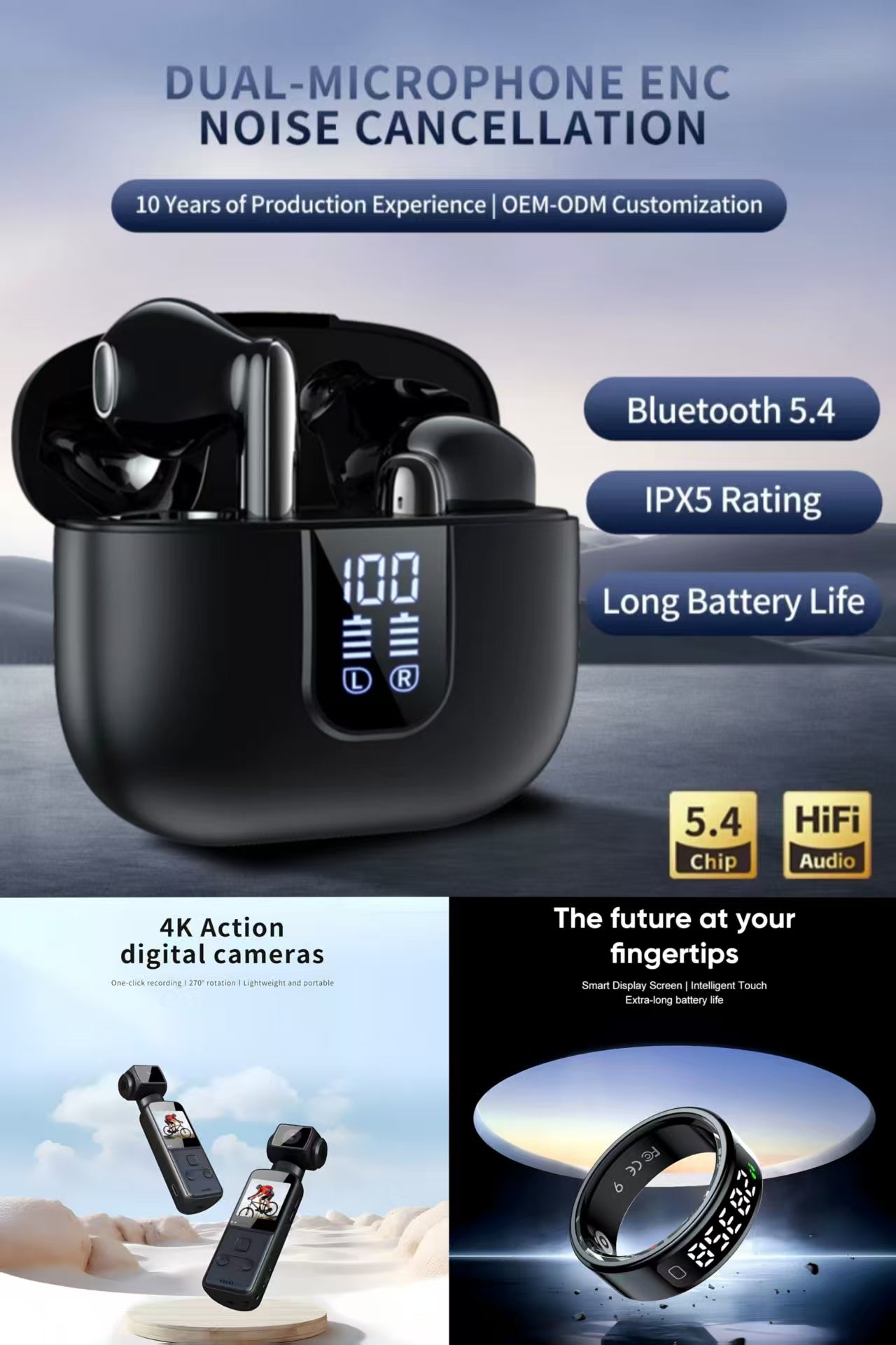 4K Ultra HD Anti-Shake Pocket Camera，R11 Sports Ring & LED Digital Display Dual-Mic ENC TWS Bluetooth Earbuds