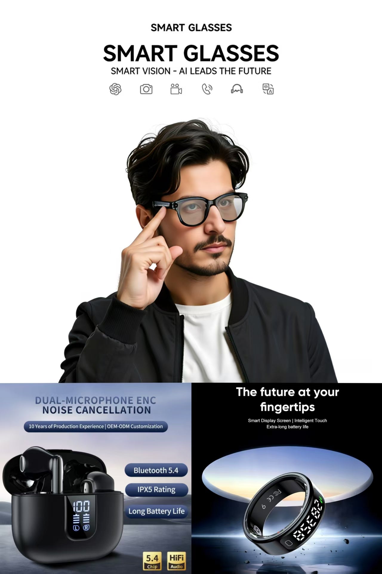 Future-Ready AI Gear: AI Smart Glasses 8MP, LED Digital Display Dual-Mic ENC TWS Bluetooth Earbuds&  & R11 Smart Ring