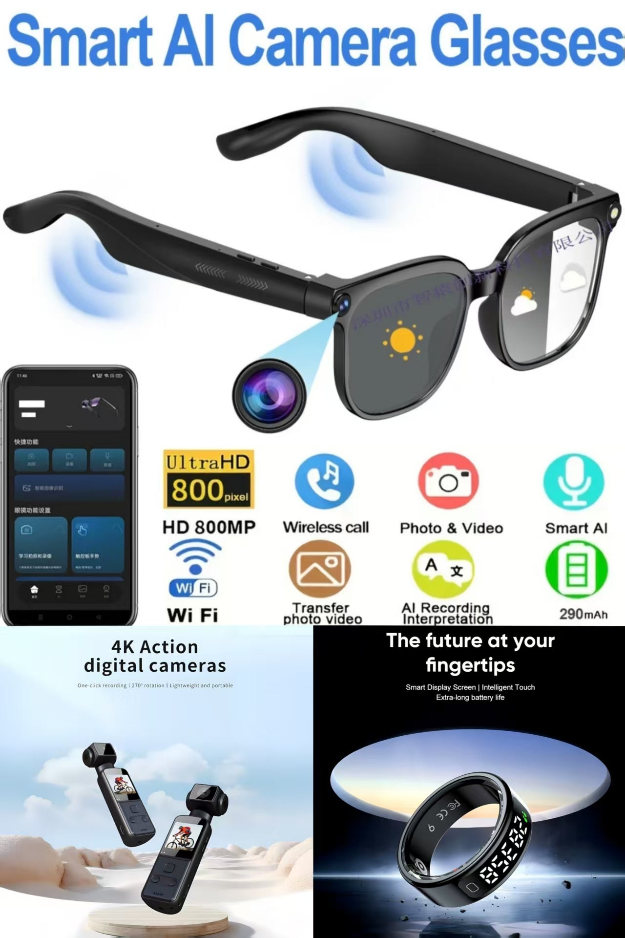 Future-Ready AI Gear: 4K Ultra HD Anti-Shake Pocket Camera, 800W AI Smart Translation Glasses & R11 Smart Ring