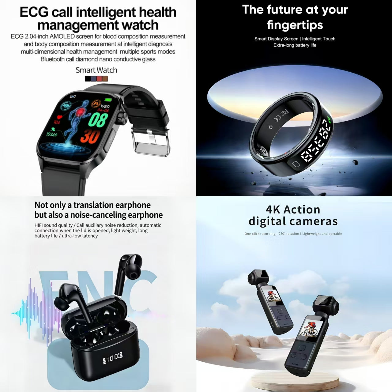 Smart Wearable & Digital Gadgets Bundle (Watch, Ring, Camera, Earbuds)
