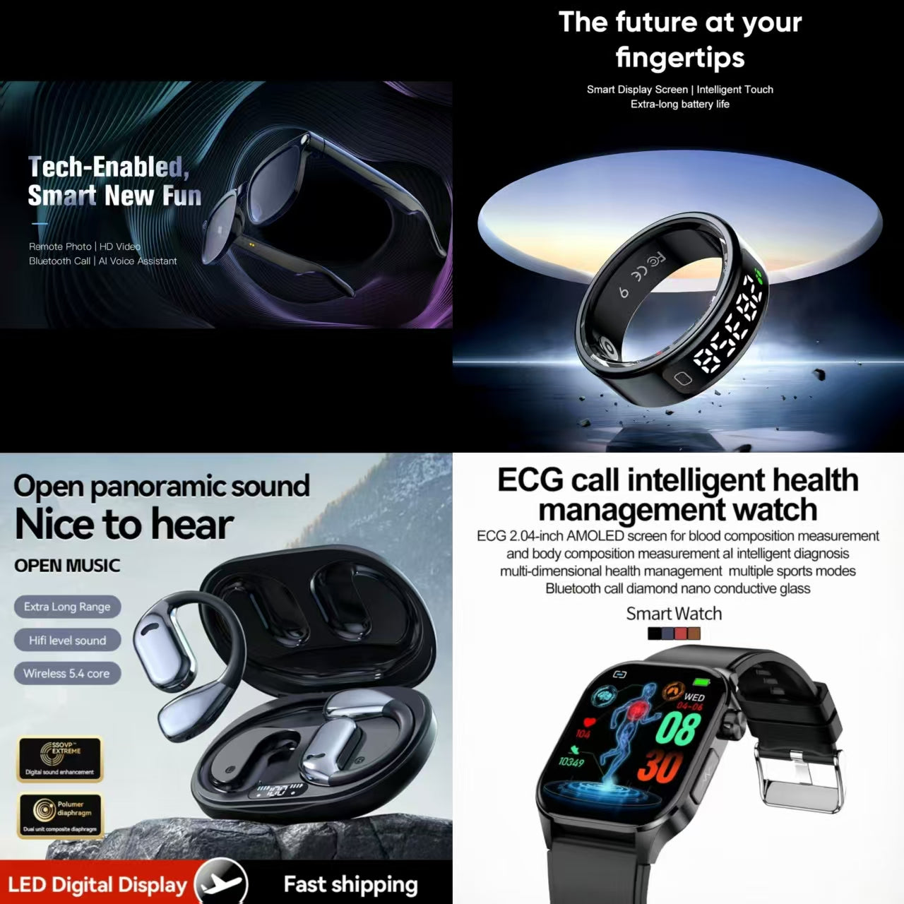 4-in-1 Ultimate Smart Tech & Audio Bundle: Smart Glasses, Smart Ring, Open-Ear Headphones & ECG Health Watch