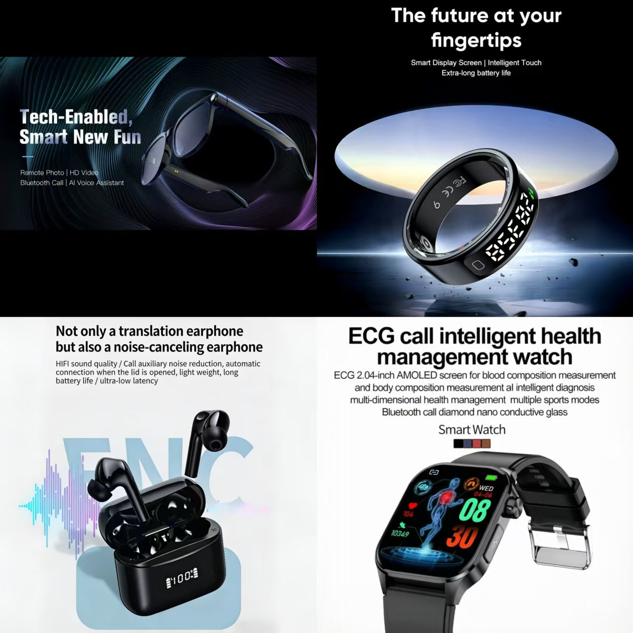 4-in-1 Ultimate Smart Tech & Health Bundle: Smart Glasses, Smart Ring, ENC Translation Earbuds & ECG Health Watch