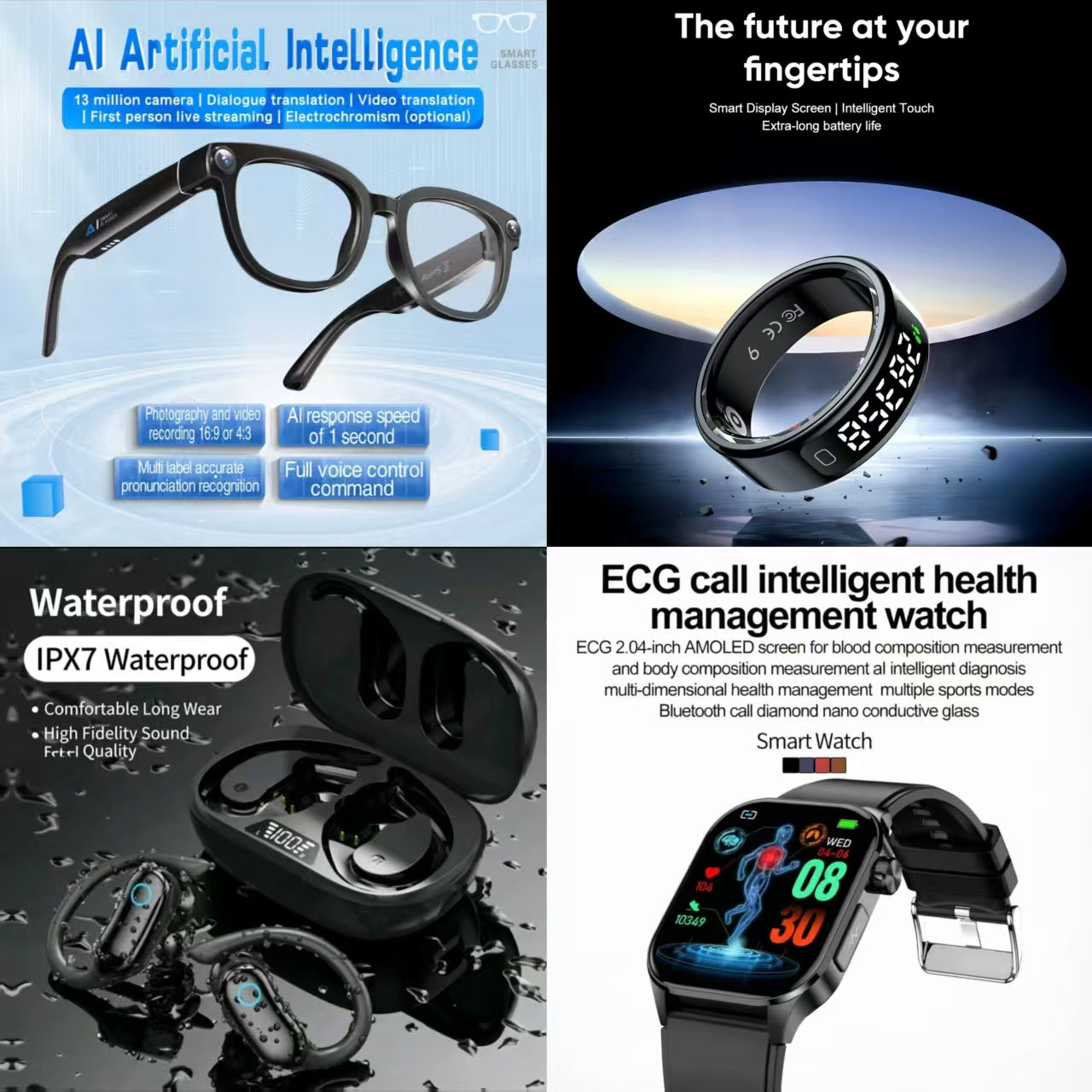 4-in-1 Ultimate Smart AI Health & Lifestyle Bundle: AI Smart Glasses, Smart Ring, IPX7 Waterproof Earbuds & ECG Health Watch