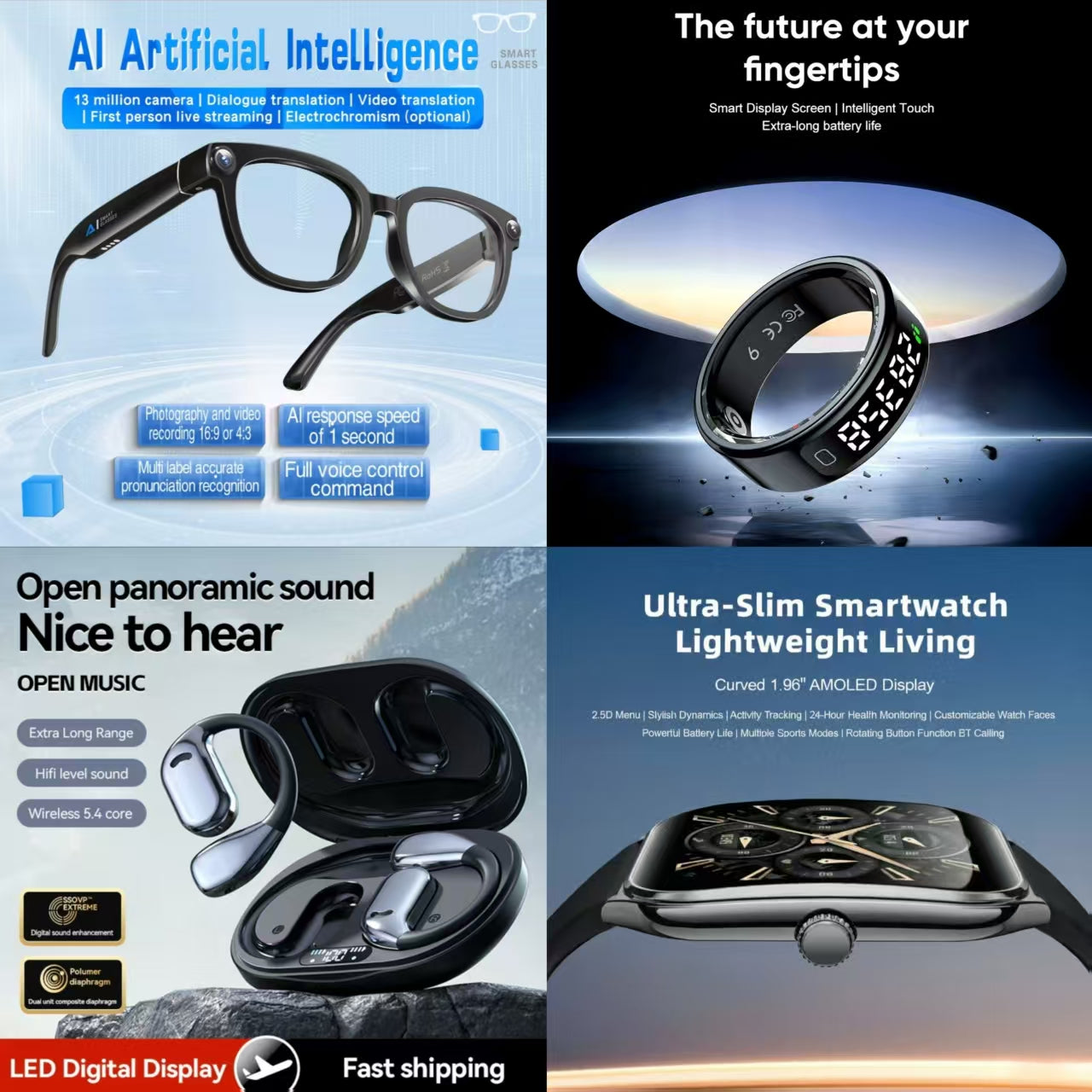 4-in-1 Premium Smart AI Lifestyle Bundle: AI Smart Glasses, Smart Ring, Open-Panoramic Sound Headphones & Ultra-Slim Smartwatch