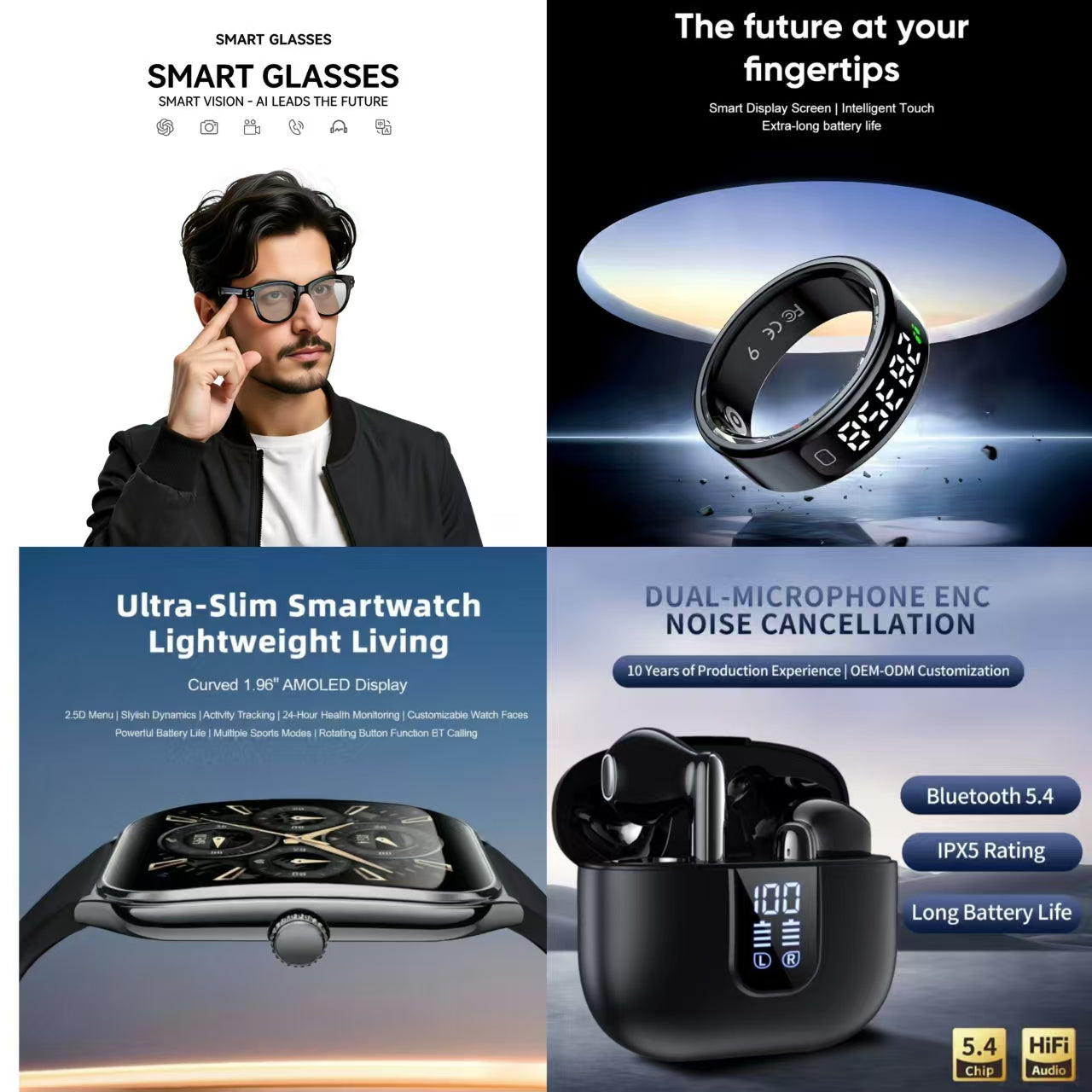 4-in-1 Smart Health & Fashion Bundle | Smart Glasses + Smart Ring + Ultra-Slim Smartwatch + Dual Mic ENC Noise Canceling Earbuds