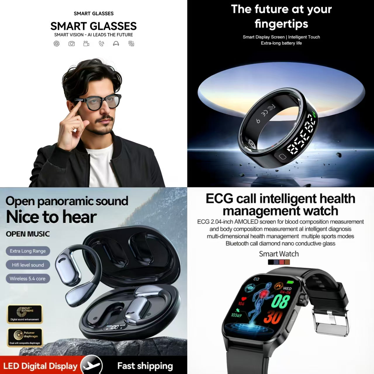 4-in-1 Smart Health & Fashion Bundle | Smart Glasses + Smart Ring + Open-Ear Panoramic Sound Earbuds + ECG Call Health Watch