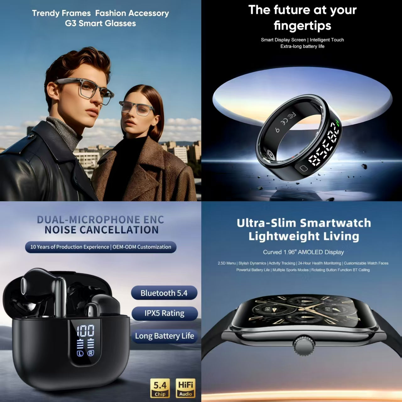 4-in-1 Smart Health & Fashion Bundle | G3 Smart Glasses + Smart Ring + Dual Mic ENC Noise Canceling Earbuds + Ultra-Slim Smartwatch