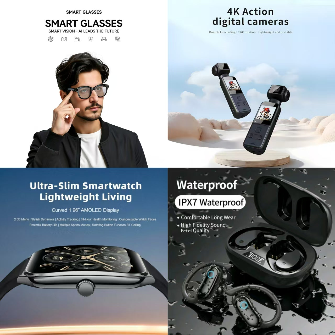4-in-1 Smart Lifestyle Bundle | Smart Glasses + 4K Action Camera + Ultra-Slim Smartwatch + IPX7 Waterproof Earbuds