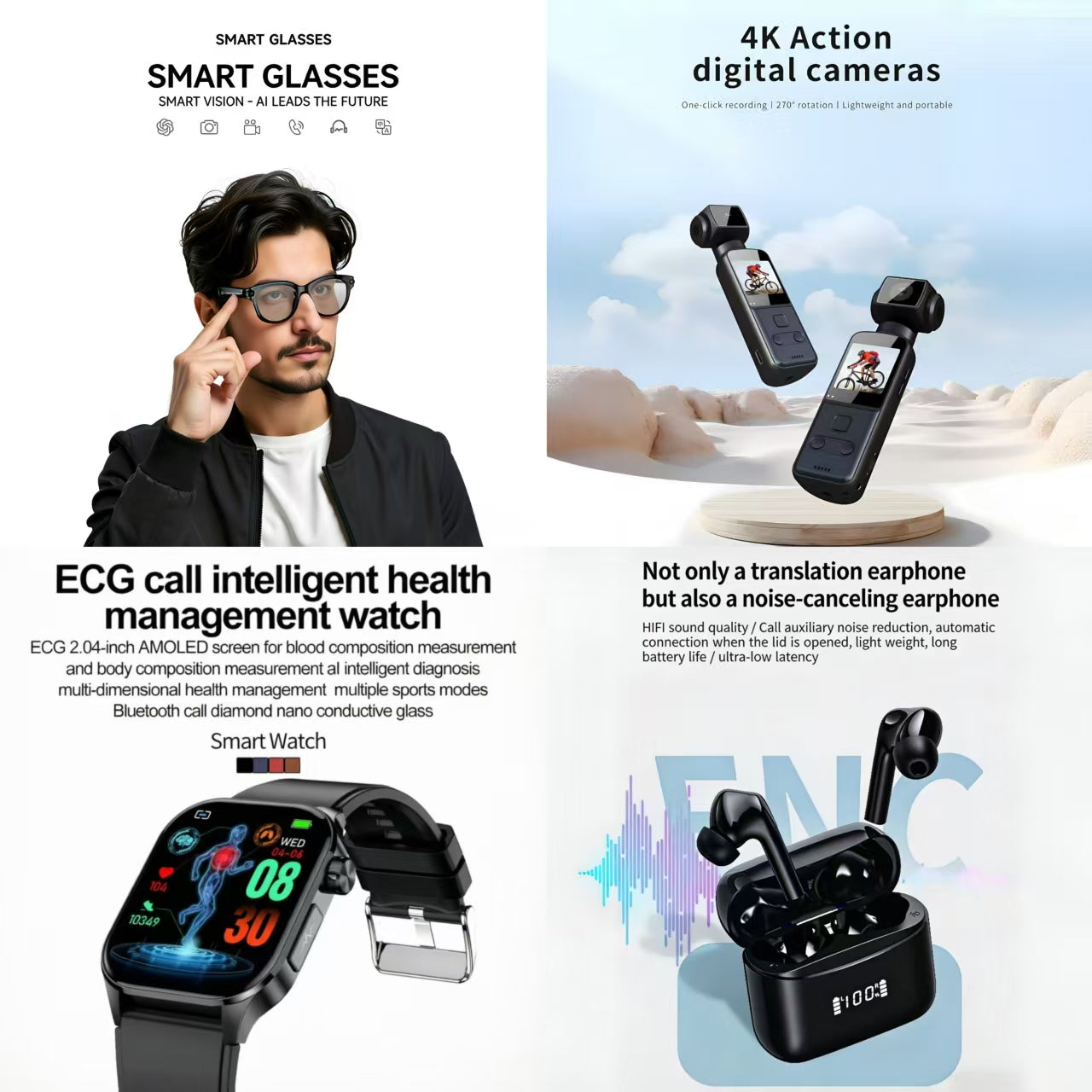 4-in-1 Smart Health & Lifestyle Bundle | Smart Glasses + 4K Action Camera + ECG Call Health Watch + ENC Noise Canceling Translation Earbuds