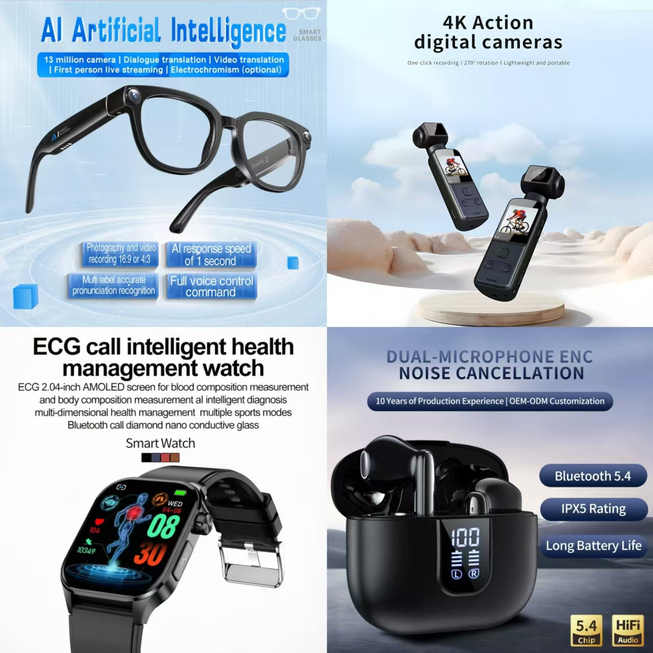 4-in-1 AI Smart Health & Lifestyle Bundle: AI Smart Glasses + 4K Action Camera + ECG Health Watch + ENC Noise Canceling Earbuds