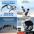 4-in-1 AI Smart Lifestyle Bundle: AI Smart Glasses + 4K Action Camera + Ultra-Slim Smartwatch + Open-Ear Panoramic Earbuds