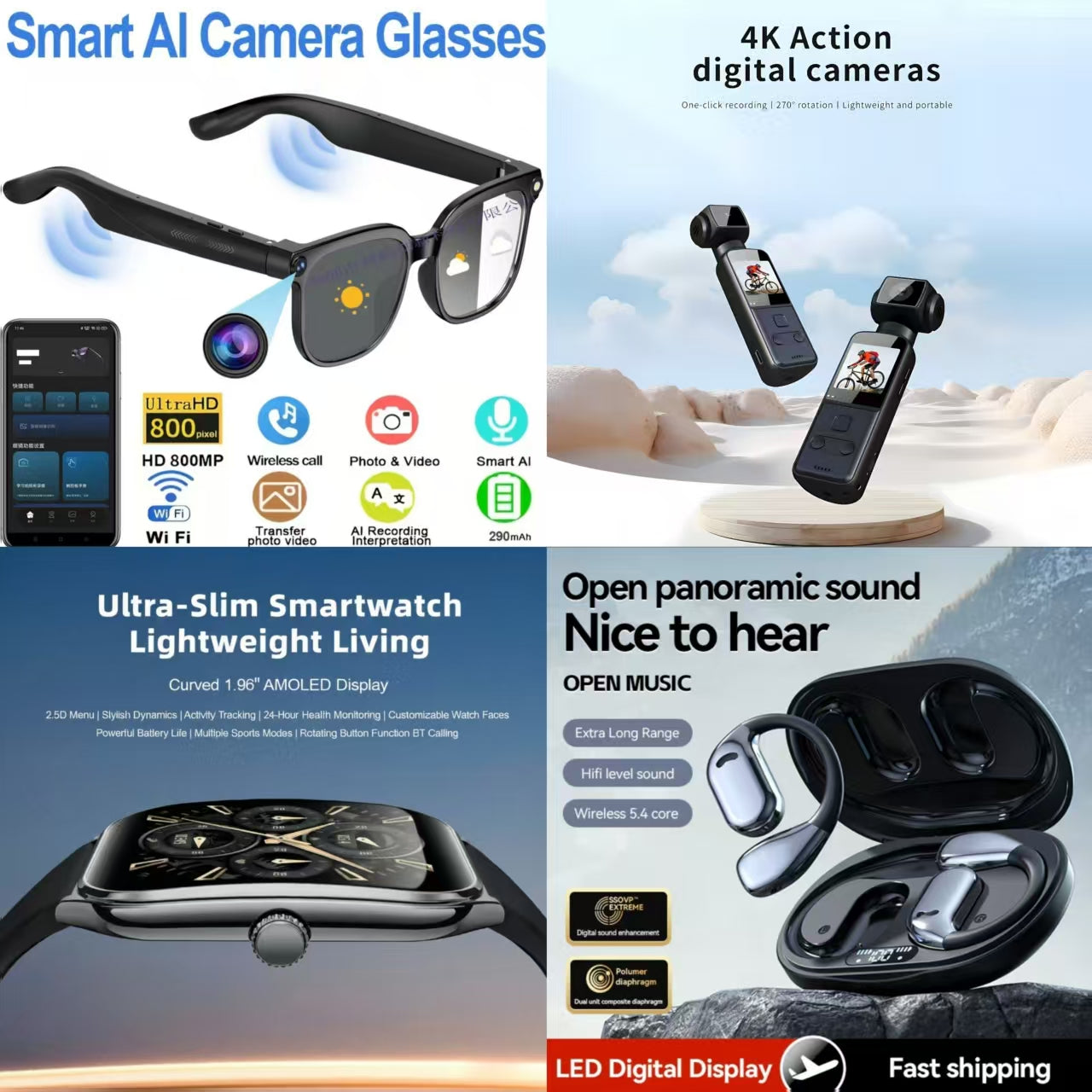 4-in-1 Smart AI Lifestyle Bundle: AI Camera Glasses + 4K Action Camera + Ultra-Slim Smartwatch + Open-Panoramic Earbuds