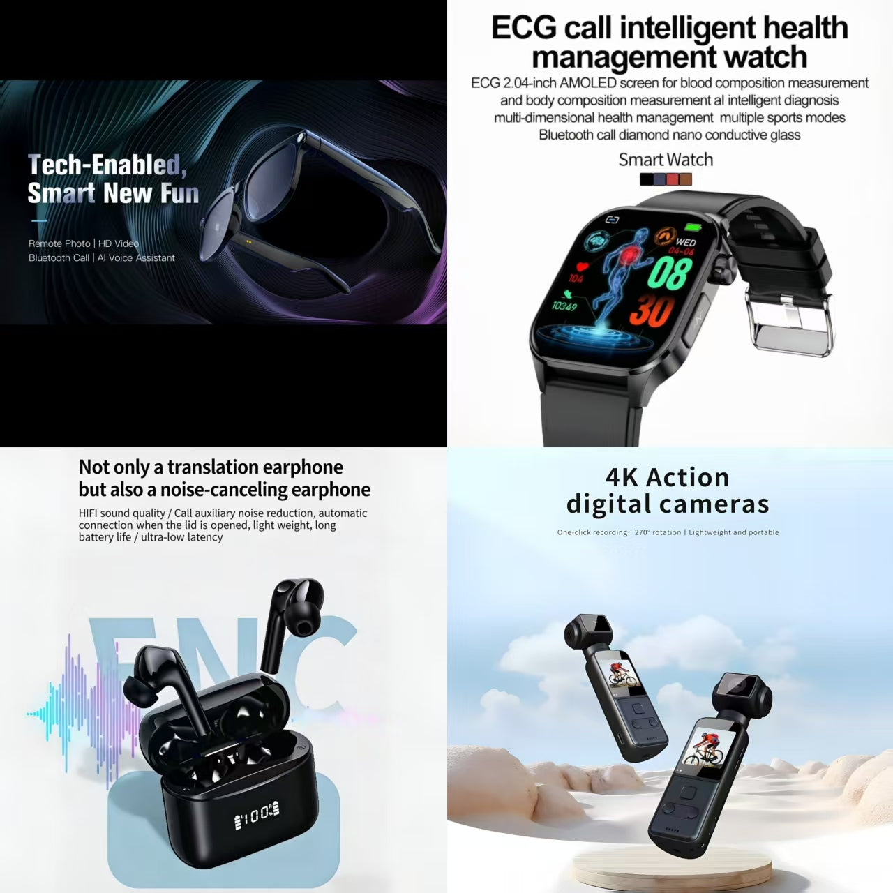 4-in-1 Smart Tech Bundle: Tech-Enabled Smart Glasses + ECG Call Health Watch + ENC Noise Canceling Translation Earbuds + 4K Action Camera
