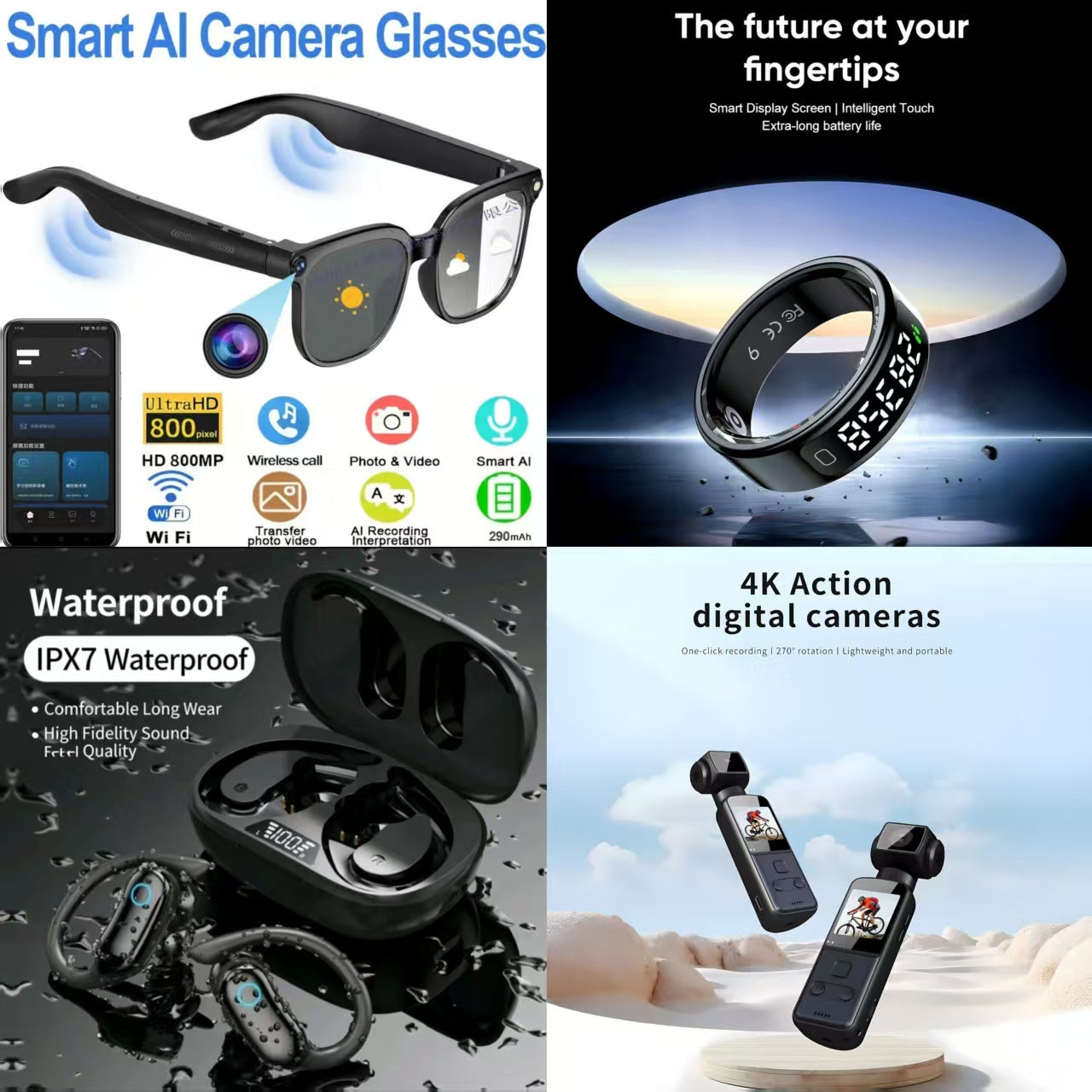 4-in-1 Smart AI Tech & Outdoor Bundle: Smart AI Camera Glasses + 4K Action Camera + IPX7 Waterproof Earbuds + Smart Ring (Future at Your Fingertips)